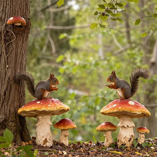 Photograph of two gray squirrels eating on large, red-and-white-spotted mushrooms in a lush, green forest with blurred background.