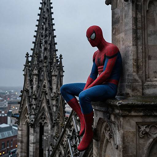 Photograph of Spider-Man in red and blue suit, sitting on Gothic cathedral ledge, overlooking a cityscape with pointed arches in background.