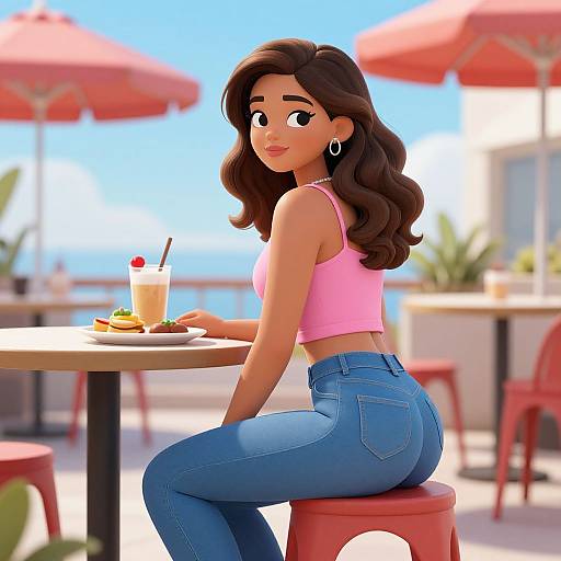 Digital art of a curvy woman with long brown hair, pink tank top, blue jeans, sitting on a red stool at a sunny beachside café