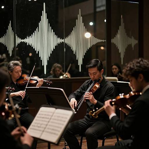 Photograph of four male string musicians in black attire, playing violins in a dimly lit concert hall with glowing wave patterns on the glass backdrop.