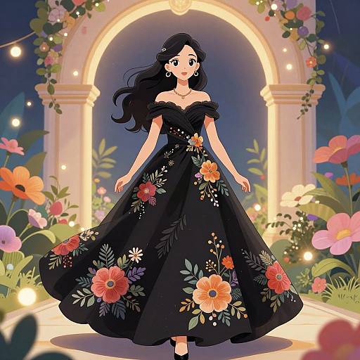 Digital illustration of a beautiful woman with long black hair in an off-the-shoulder black floral gown, standing in a glowing, flower-filled archway