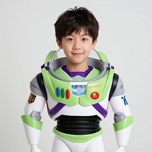 Photograph of a young Asian boy with short black hair, smiling, wearing a green and white Buzz Lightyear astronaut suit against a white background.