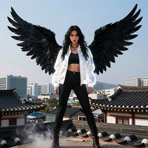 Woman with Black Angel Wings on Korean Rooftop