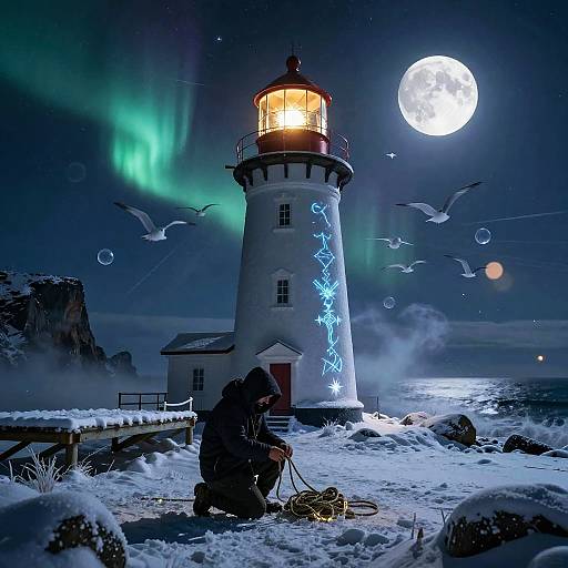 Mythical Nightscape at Snowy Lighthouse