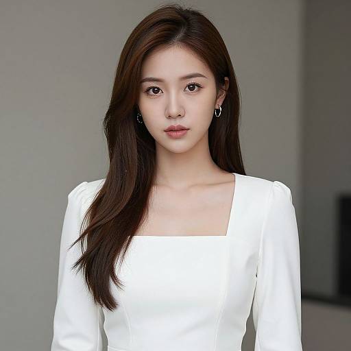 Photograph of a young East Asian woman with long, straight brown hair, wearing a white, long-sleeved, square-neck dress, and small