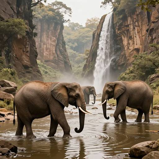 Photograph of three elephants wading in a river, surrounded by tall, rocky cliffs and a waterfall, in a lush, forested canyon.