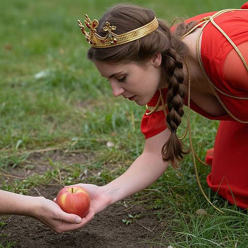 Photograph of a brown-haired woman in a red dress and gold crown, kneeling on grass, reaching for an apple offered by another hand.