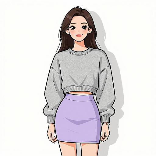 Digital anime-style drawing of a young woman with long black hair, wearing a gray sweater and light purple skirt, standing against a plain white background.