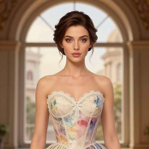 Digital rendering of a beautiful woman with fair skin, dark brown hair in an updo, wearing a colorful, lace-trimmed, strapless cor