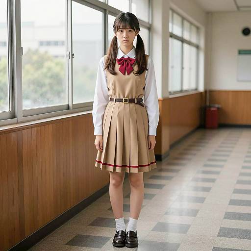 Japanese Schoolgirl in Uniform Standing in Hallway