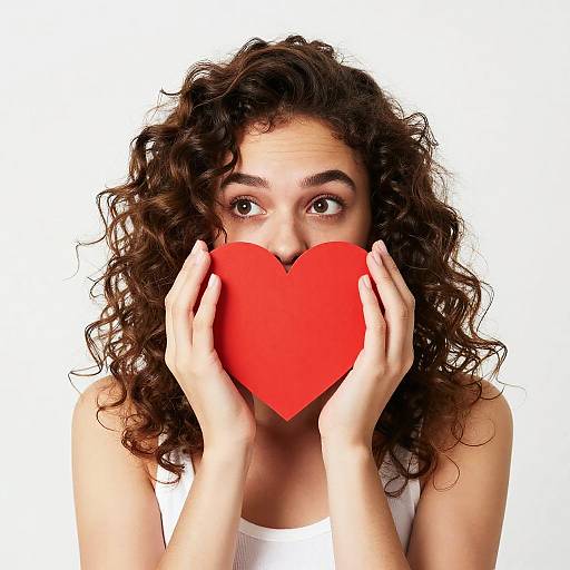 Photograph of a curly-haired woman with fair skin, wearing a white tank top, holding a large red heart over her mouth, eyes wide and expressive