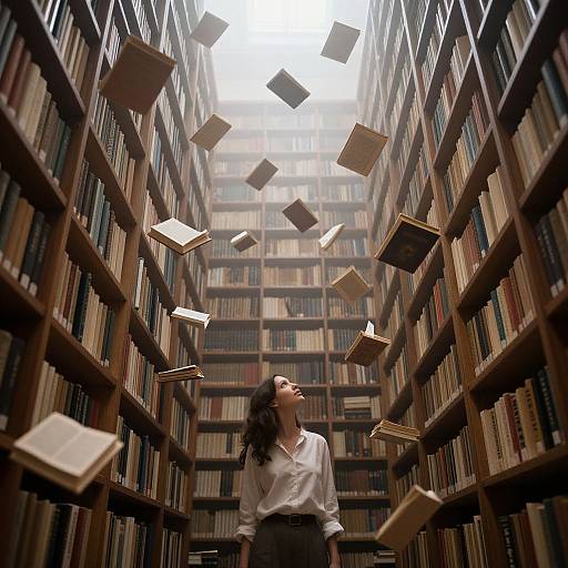Photograph of a woman with dark curly hair, white blouse, and black skirt, standing in a towering library aisle with floating books.