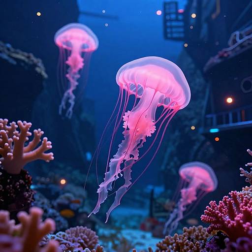 Photograph of vibrant pink and purple jellyfish floating in a blue-lit aquarium, surrounded by colorful coral and marine life.