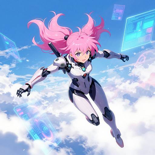 Anime-style digital art of a pink-haired girl in a white and black futuristic bodysuit, flying through a blue sky filled with clouds and holographic