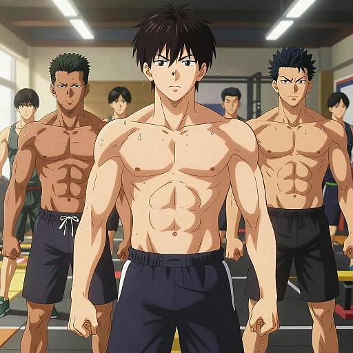 Anime-style digital illustration of six muscular, shirtless men with defined abs, wearing black shorts, standing in a brightly lit gym.