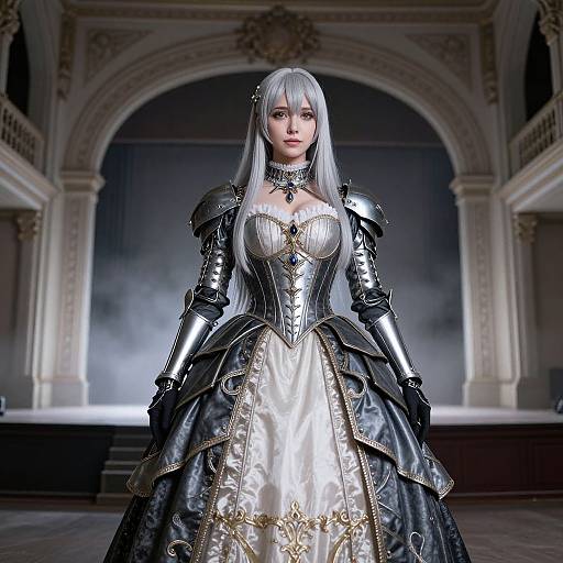 Digital art of a silver-haired woman in ornate, armored, medieval-style dress with intricate gold embroidery, standing in a grand, dimly-lit