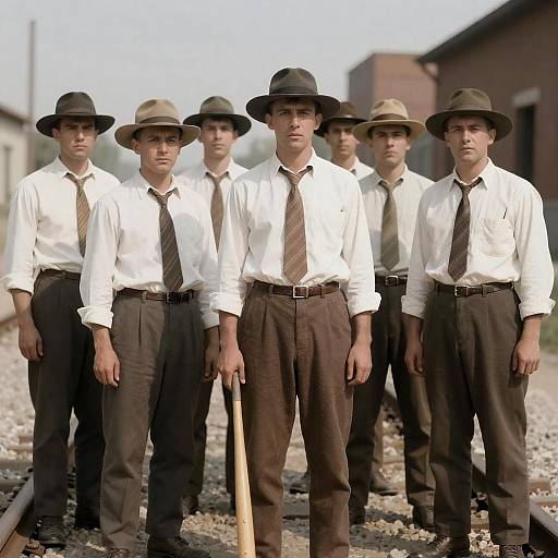 Sunlit 1930s Men on Railroad Tracks