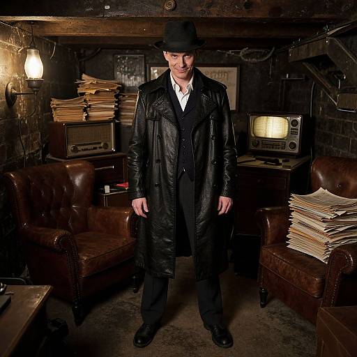 Photograph of a man in a black leather trench coat, fedora, and white shirt, standing in a dimly lit, cluttered room with