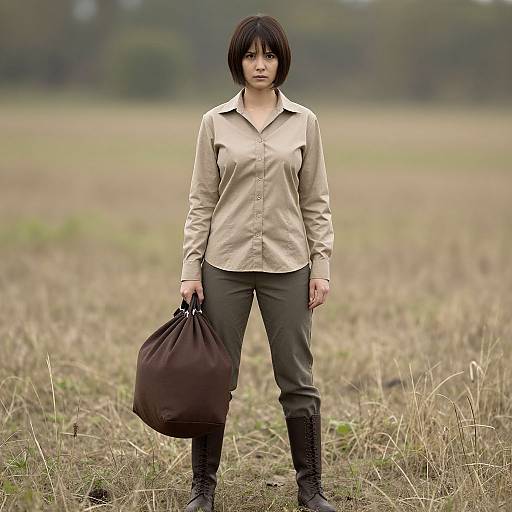 Photograph of an Asian woman with short black hair, beige button-up shirt, dark green pants, black boots, holding a brown bag, standing in