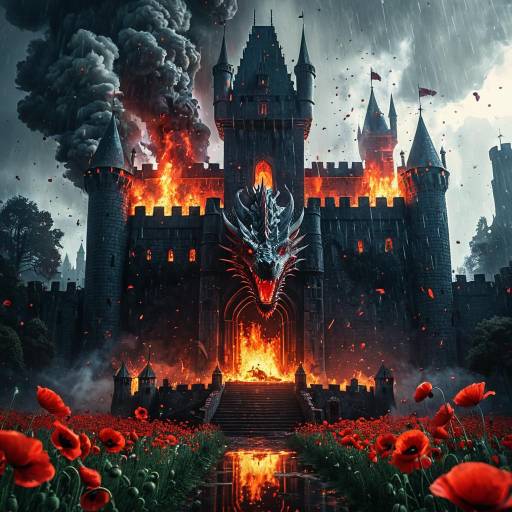 Burning Medieval Castle with Fire-Breathing Dragon