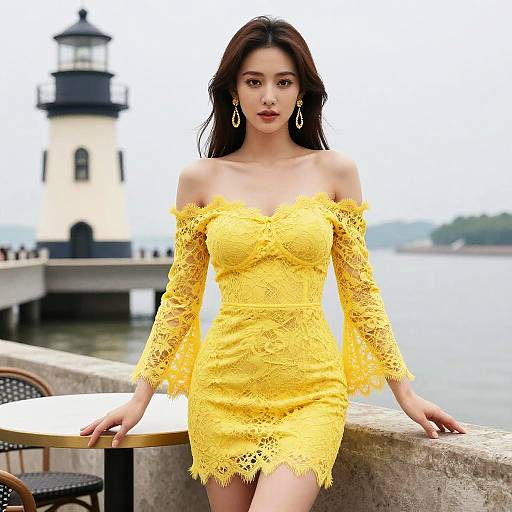 Photograph of an East Asian woman with long dark hair, wearing an off-shoulder yellow lace dress, standing by a waterfront, with a l