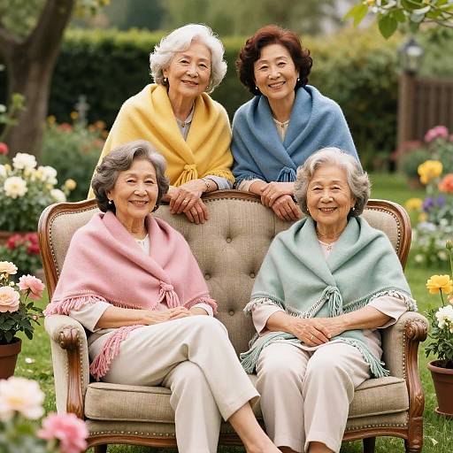 Photograph of four smiling elderly Asian women, each wearing a different colored shawl (pink, yellow, blue, green), seated on a garden chair