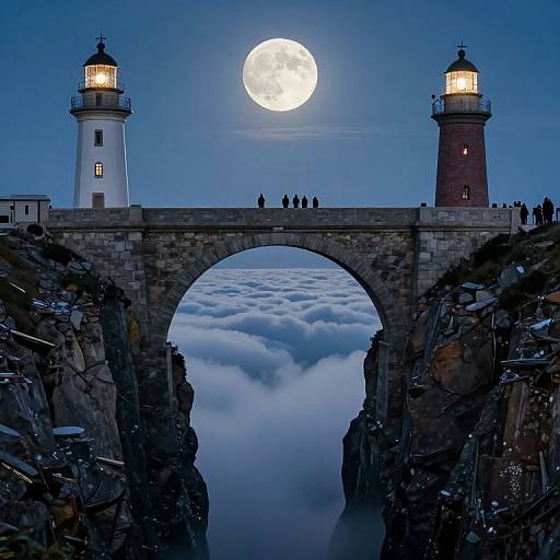 Photograph of a moonlit night with two lit lighthouses on either side of a stone arch bridge, silhouettes of people on top,