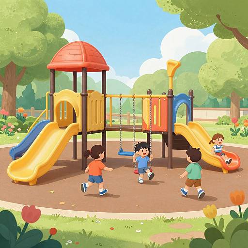 Cartoon-style digital drawing of five children playing on a colorful playground with slides, swings, and a red-roofed structure in a sunny, tree
