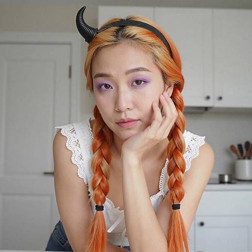 Portrait of Asian Woman with Vibrant Braids