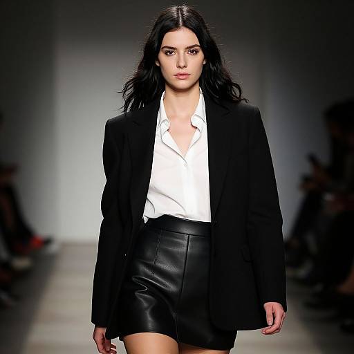 Photograph of a dark-haired model on a runway, wearing a black blazer over a white shirt and black leather skirt.