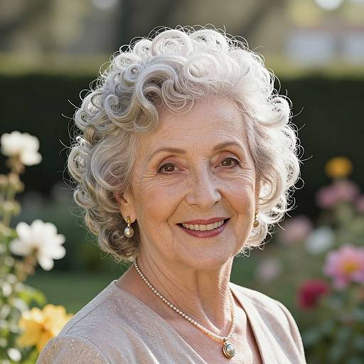 Photograph of an elderly woman with curly silver hair, smiling, wearing a pearl necklace and earrings, in a sunlit garden.