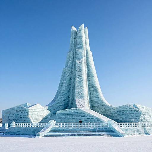 Photograph of a modern, futuristic glass skyscraper with three tall, pointed spires against a clear blue sky. The building's textured glass exterior reflects