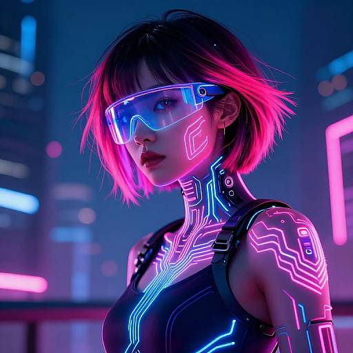 Neon-lit cyberpunk portrait of a woman with pink hair, glowing blue and pink cybernetic tattoos, and futuristic visor in a vibrant