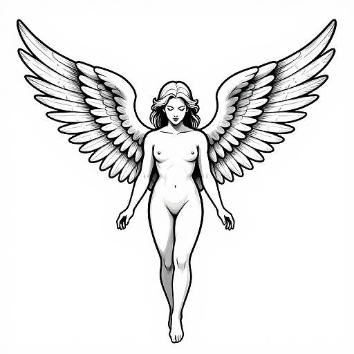 Black and white digital drawing of a nude, winged angel with large, detailed feathers, standing confidently with arms at sides.
