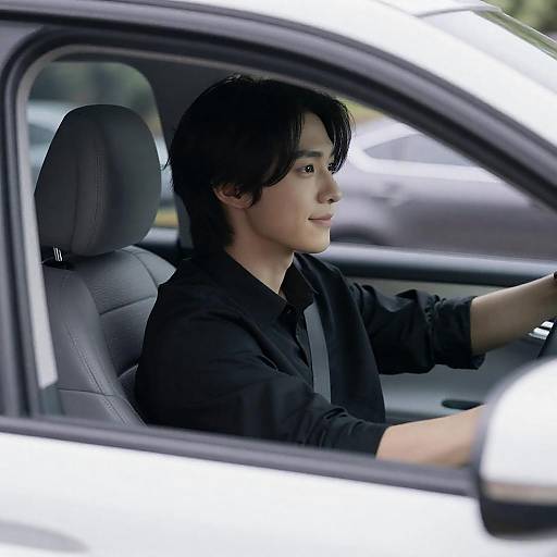 Young Man in Car with Slight Smile