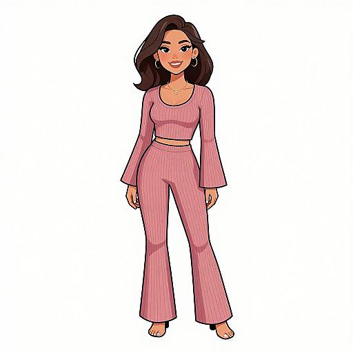 Digital illustration of a smiling woman with medium-length dark hair, wearing a pink long-sleeve crop top and matching pink high-waisted pants,