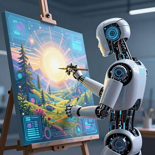 Photograph of a white robotic artist painting a vibrant, digital landscape on an easel in a modern, dimly lit studio.