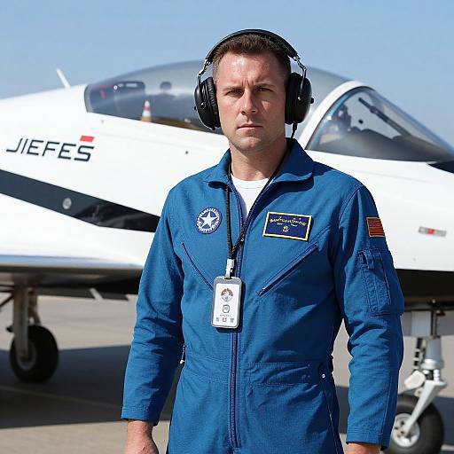 Pilot in Blue Flight Suit by Jet