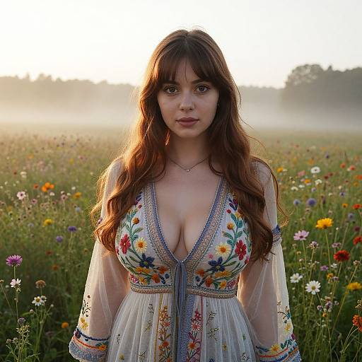 Photograph of a fair-skinned woman with long brown hair, wearing a deep V-neck, floral embroidered dress, standing in a sunlit meadow