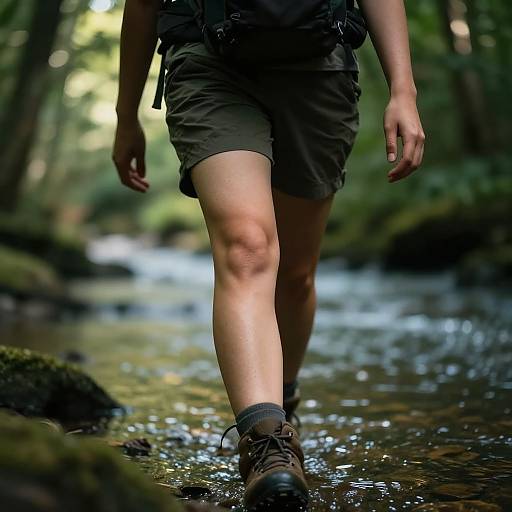 Photograph of a hiker's lower body in green shorts and brown boots, walking through a sunlit forest stream with moss-covered rocks.
