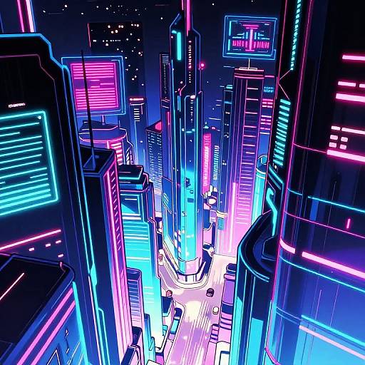 Neon-lit, futuristic cityscape digital art: vibrant blue, pink, and purple neon lights illuminate towering skyscrapers, bustling streets, and