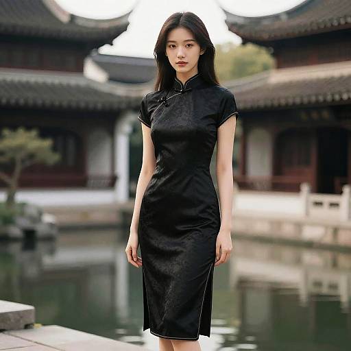 Asian Woman in Black Cheongsam by Traditional Chinese Architecture