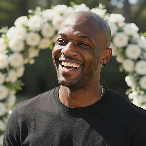 Smiling Bald Man Beneath Floral Arch