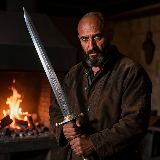 Photograph of a bearded, bald man with intense gaze, holding a detailed, silver sword, standing in a dimly lit, stone-walled