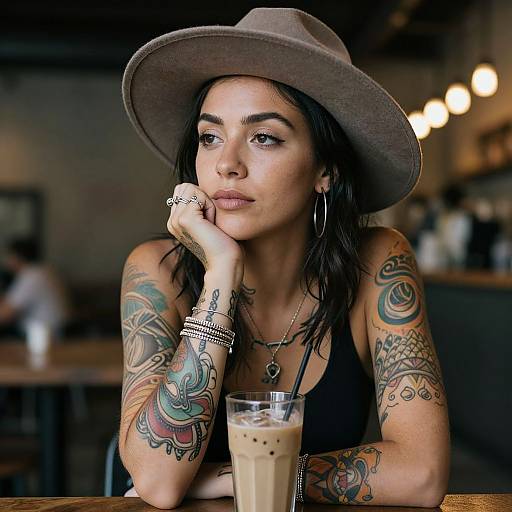 Photograph of a tattooed woman with olive skin, black hair, and brown eyes, wearing a gray hat, black tank top, and silver jewelry