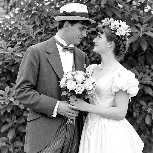 Black-and-white photograph of a couple in vintage attire; groom in suit and hat, bride in dress with flower crown, holding bouquets, standing against