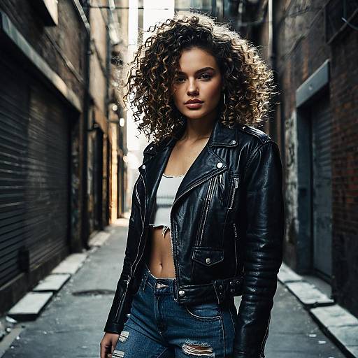Fashion Model with Permed Curls in Urban Alley