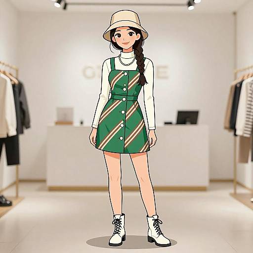 Digital anime-style illustration of a young woman with long black hair, wearing a green diagonal-striped dress, white long-sleeve shirt, beige bucket hat