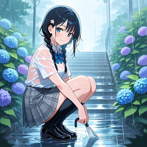 Wet Schoolgirl in Rain with Hydrangea