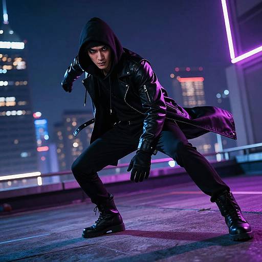 Photograph of a hooded man in black leather jacket, gloves, and boots, crouching on a rooftop at night, city lights in background